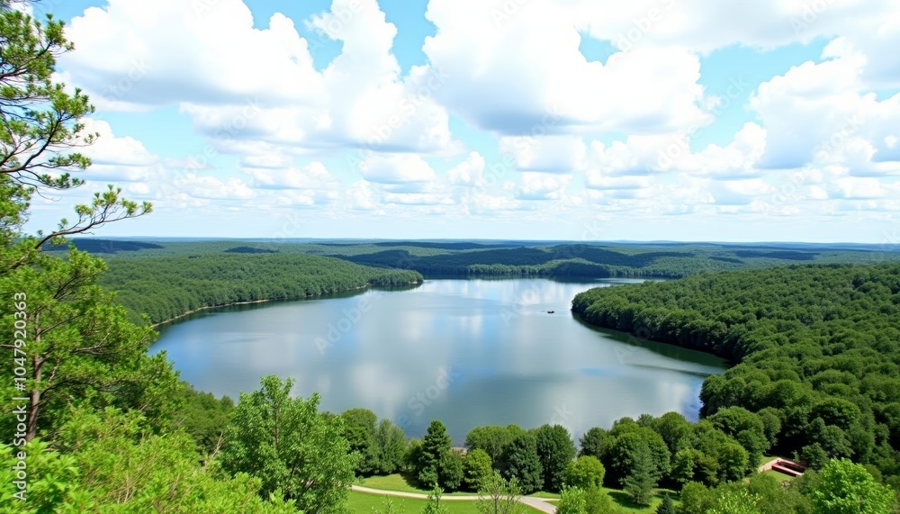 Fototapeta premium Tranquil lake nestled amidst lush greenery under a clear sky