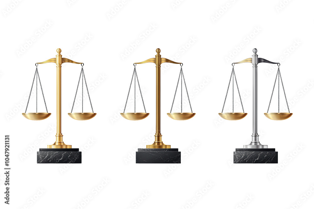 Set of three metallic scales of justice on white isolated background. isolated on transparent background. Set of three metallic scales of justice on white isolated background. isolated on transparent background.
