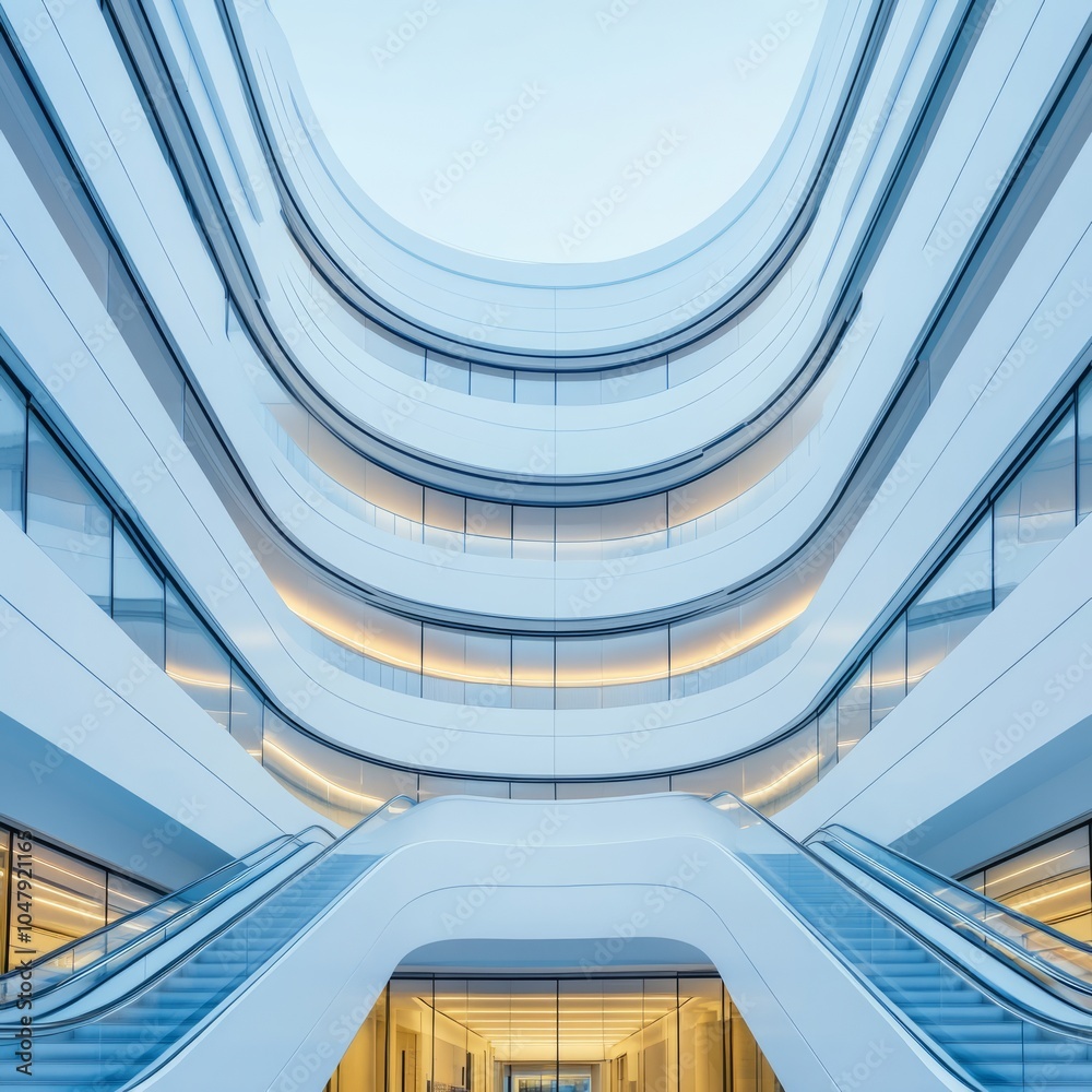 Fototapeta premium Modern architectural design featuring smooth lines and escalators.