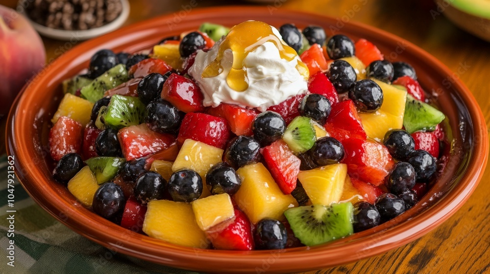 Colorful Fruit Salad with Whipped Cream and Honey Drizzle Colorful Fruit Salad with Whipped Cream and Honey Drizzle