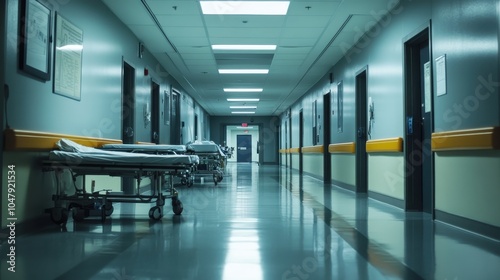 A view down an empty emergency room corridor, with stretchers and medical equipment parked along the sides, creating a feeling of readiness for the next case