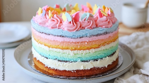 Colorful Layered Cake with Whipped Cream and Frosting