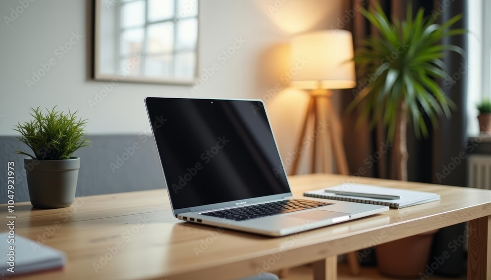 Modern workspace with laptop and plants Modern workspace with laptop and plants