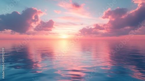 Serene sunset over calm waters with colorful clouds.