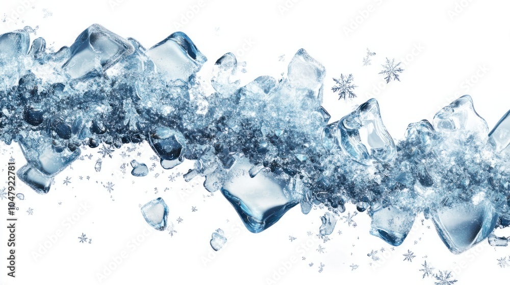 Elegant cold season abstract with glowing ice textures and floating snowflakes, isolated on white Elegant cold season abstract with glowing ice textures and floating snowflakes, isolated on white