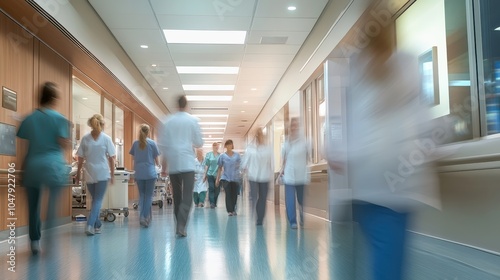 A bustling hospital corridor during the day, with doctors, nurses, and patients moving quickly in various directions, creating a sense of urgency and activity