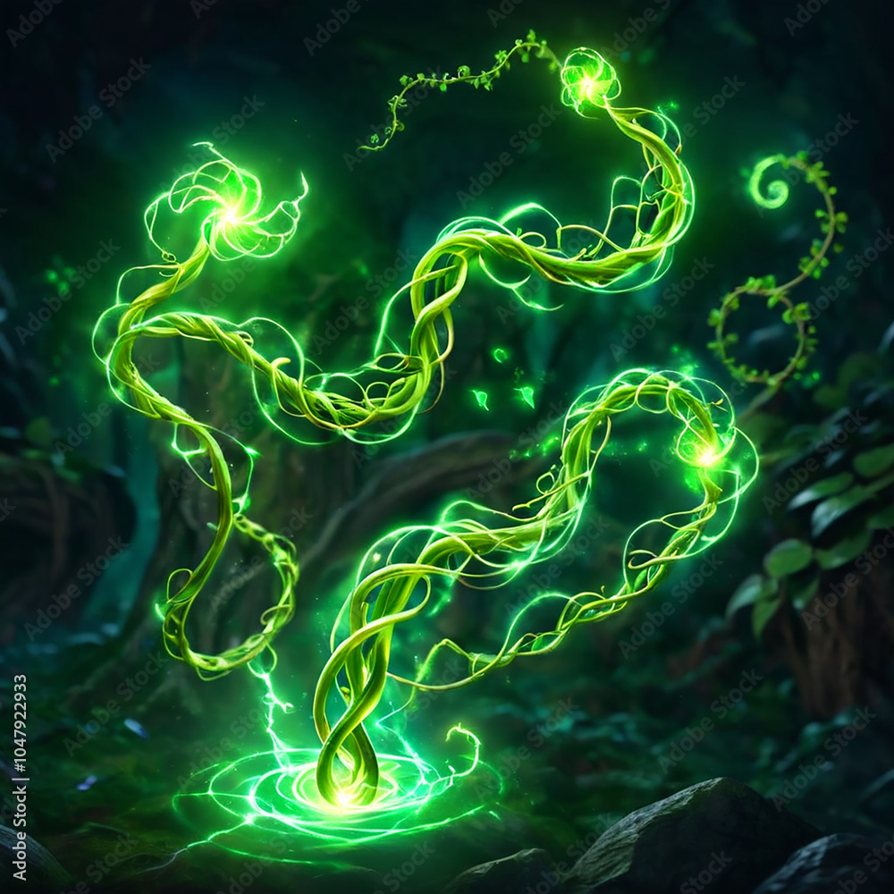 A glowing green vine, with tendrils intertwined, emits a magical aura, creating a swirling circle of energy on the forest floor. The background is a dark green, adding to the mystical ambiance. A glowing green vine, with tendrils intertwined, emits a magical aura, creating a swirling circle of energy on the forest floor. The background is a dark green, adding to the mystical ambiance.