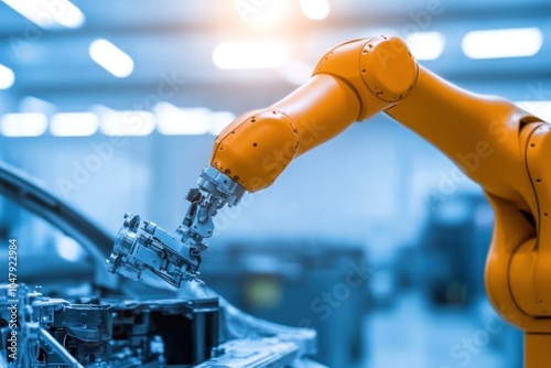 Robotic arm working on a car in a factory. photo