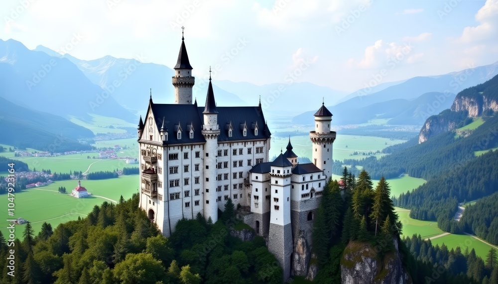 Enchanting castle perched atop a verdant mountain overlooking a serene valley Enchanting castle perched atop a verdant mountain overlooking a serene valley