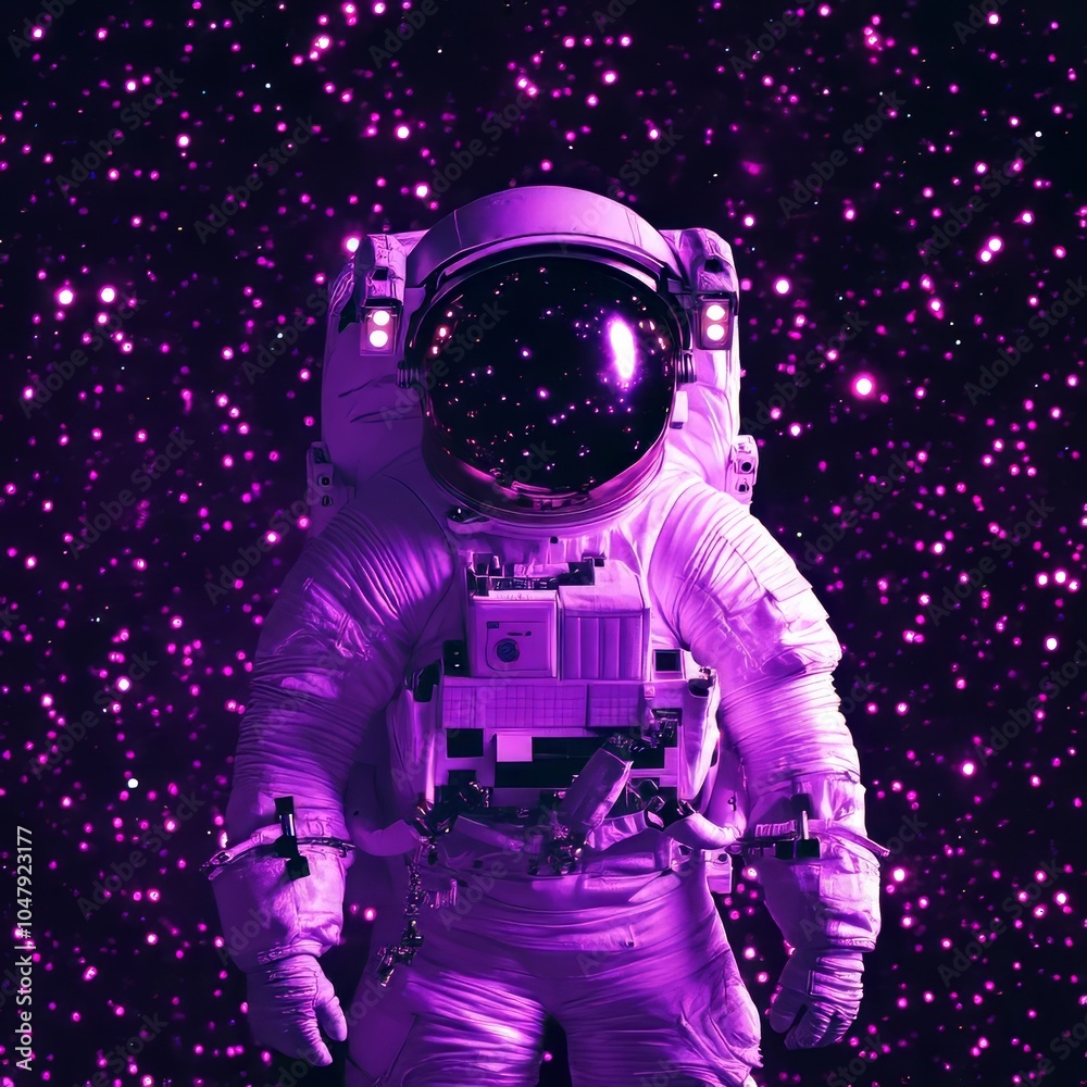 An astronaut in a vibrant purple space scene filled with stars. An astronaut in a vibrant purple space scene filled with stars.