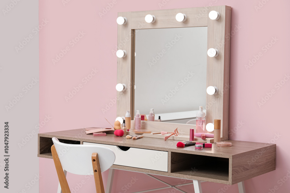 Dressing table with decorative cosmetics and makeup accessories near pink wall Dressing table with decorative cosmetics and makeup accessories near pink wall