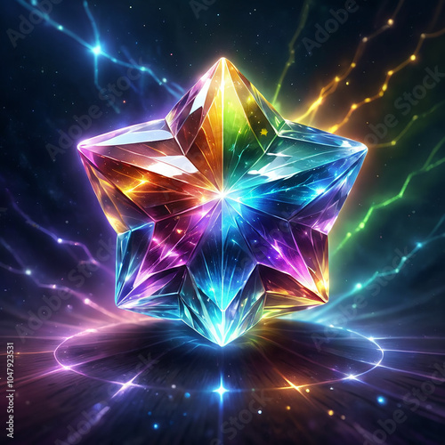 A 3D rendered image of a large, multifaceted, rainbowcolored crystal star floating in a dark background, surrounded by glowing lines and bright light. photo