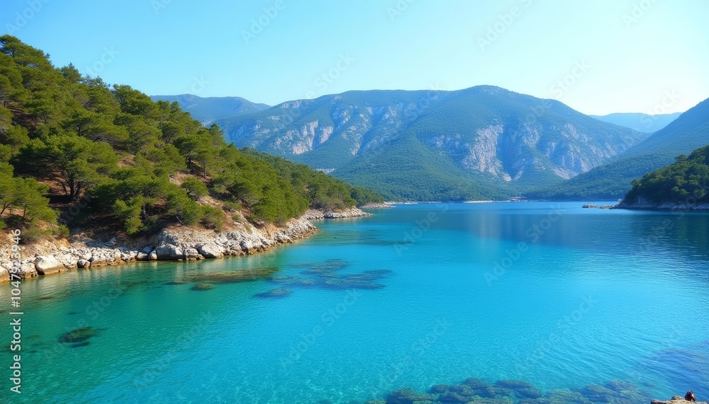Tranquil waters under a clear sky a serene mountain lake Tranquil waters under a clear sky a serene mountain lake