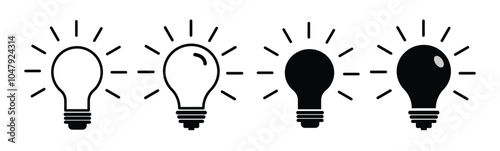 Linear Glowing light bulb on white background. Idea symbol. Electric lamp, light, innovation, solution, creative thinking, electricity.