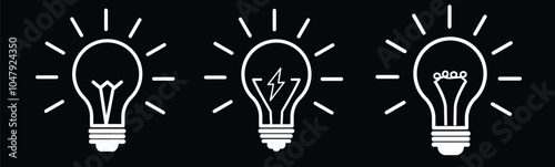 Linear Glowing light bulb on white background. Idea symbol. Electric lamp, light, innovation, solution, creative thinking, electricity.