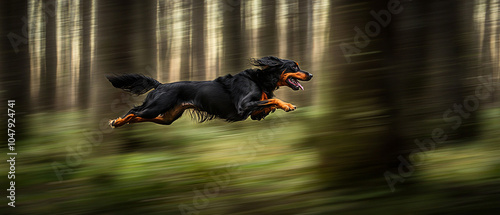 Gordon Setter Dog Running Through A Forest During A