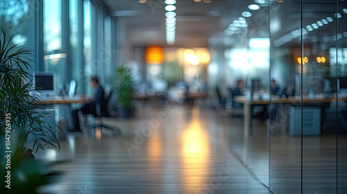 Modern office, long floor to ceiling windows, busy company staff