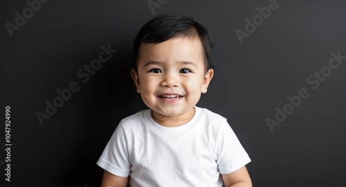 hispanic latino toddler boy black background wearing plain white tshirt smiling happy portrait