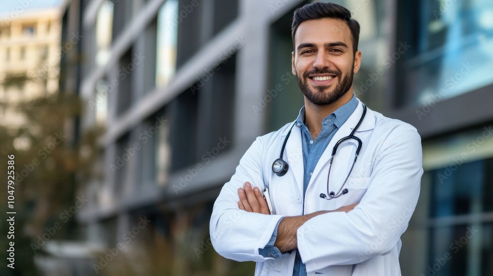 A portrait of a confident doctor smiling outdoors, wearing a white coat with a stethoscope, standing in front of a modern hospital building, symbolizing hope and care A portrait of a confident doctor smiling outdoors, wearing a white coat with a stethoscope, standing in front of a modern hospital building, symbolizing hope and care