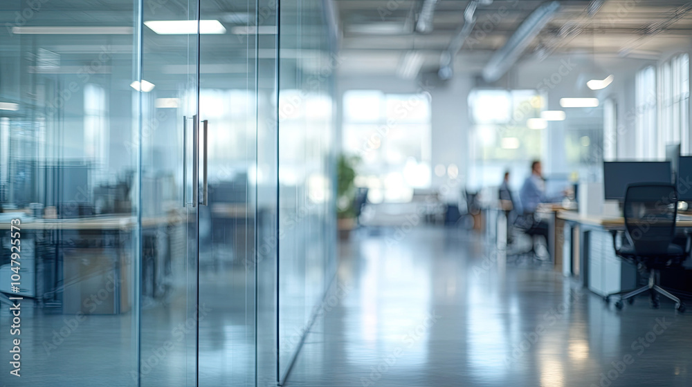 Modern office, long floor to ceiling windows, busy company staff Modern office, long floor to ceiling windows, busy company staff
