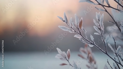 Closeup of frostcovered leaves on a branch, captivating winter scene sparkling photo