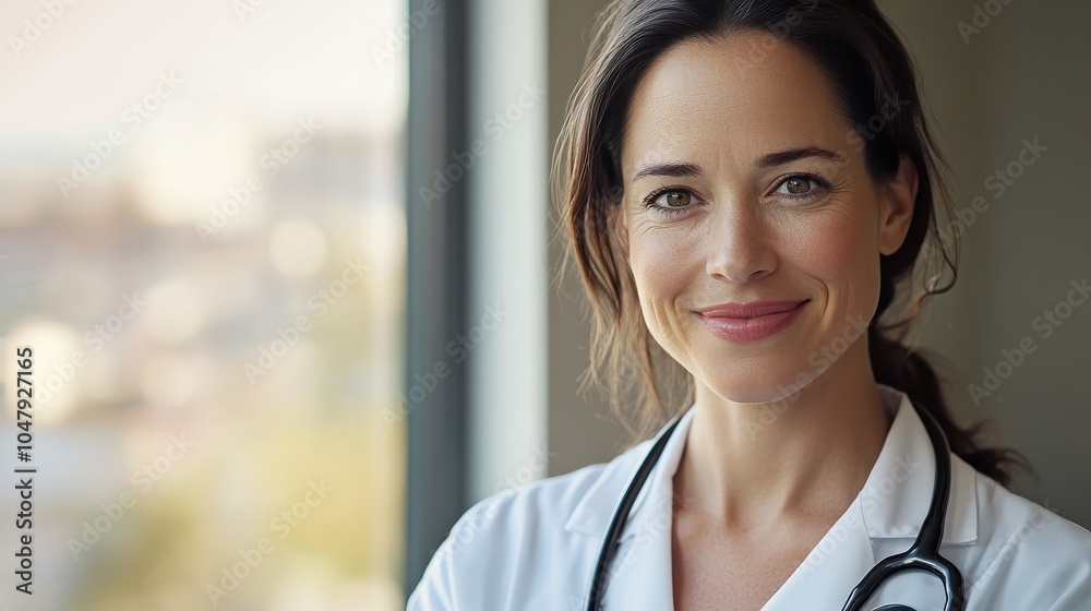 A close-up portrait of a female doctor smiling warmly at the camera, wearing a stethoscope and standing in front of a window with natural light A close-up portrait of a female doctor smiling warmly at the camera, wearing a stethoscope and standing in front of a window with natural light