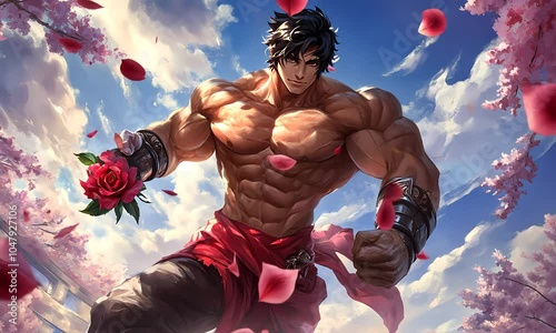 Romantic Fitness Anime Guy Character Holding Rose: Valentine Video