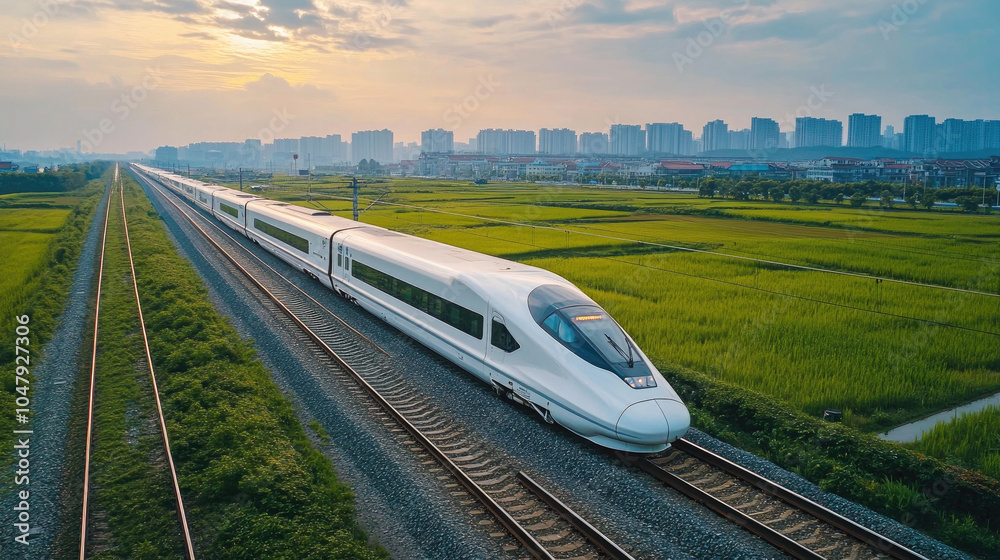 Fototapeta premium High speed trains, distant city buildings