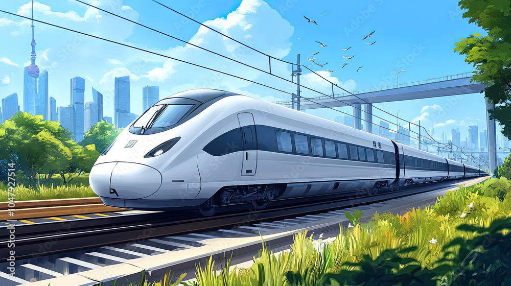 Fototapeta premium High speed trains, distant city buildings