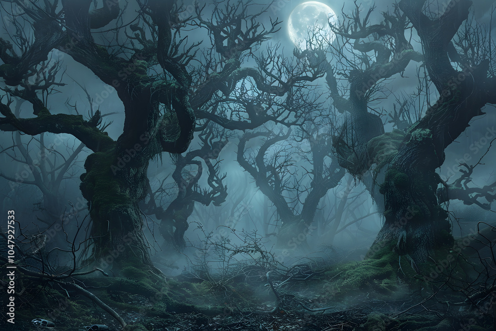 Haunting forest scene with twisted mossy trees, mist, and glowing full moon in night sky Haunting forest scene with twisted mossy trees, mist, and glowing full moon in night sky