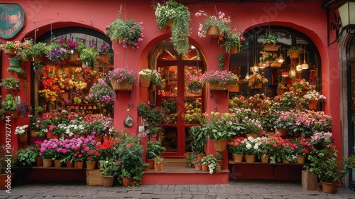 Charming Flower Shop with Arched Windows and Blooms photo