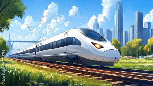 High speed trains, distant city buildings