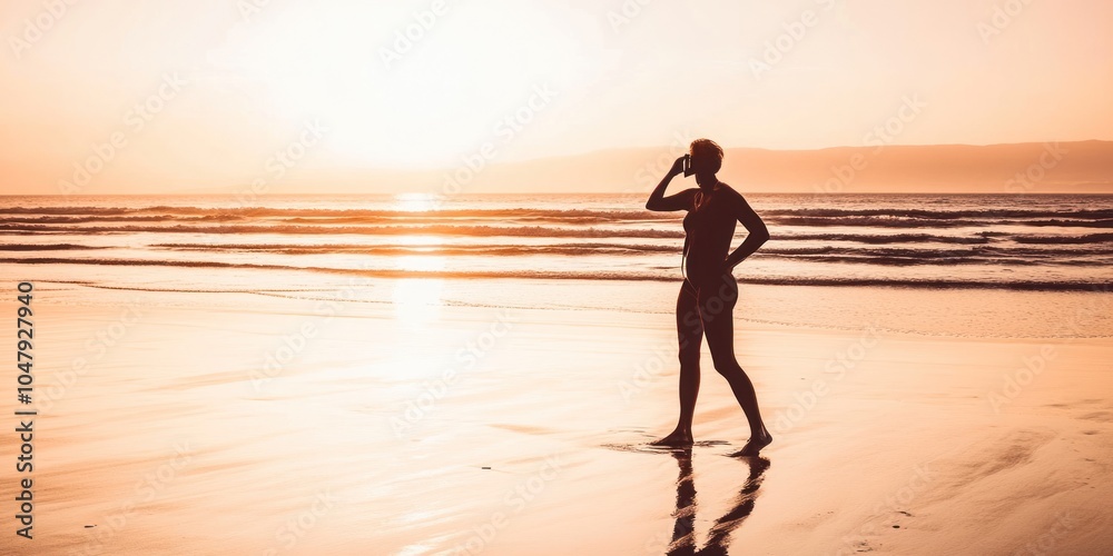 Silhouette of a woman standing on a beach at sunset. Silhouette of a woman standing on a beach at sunset.