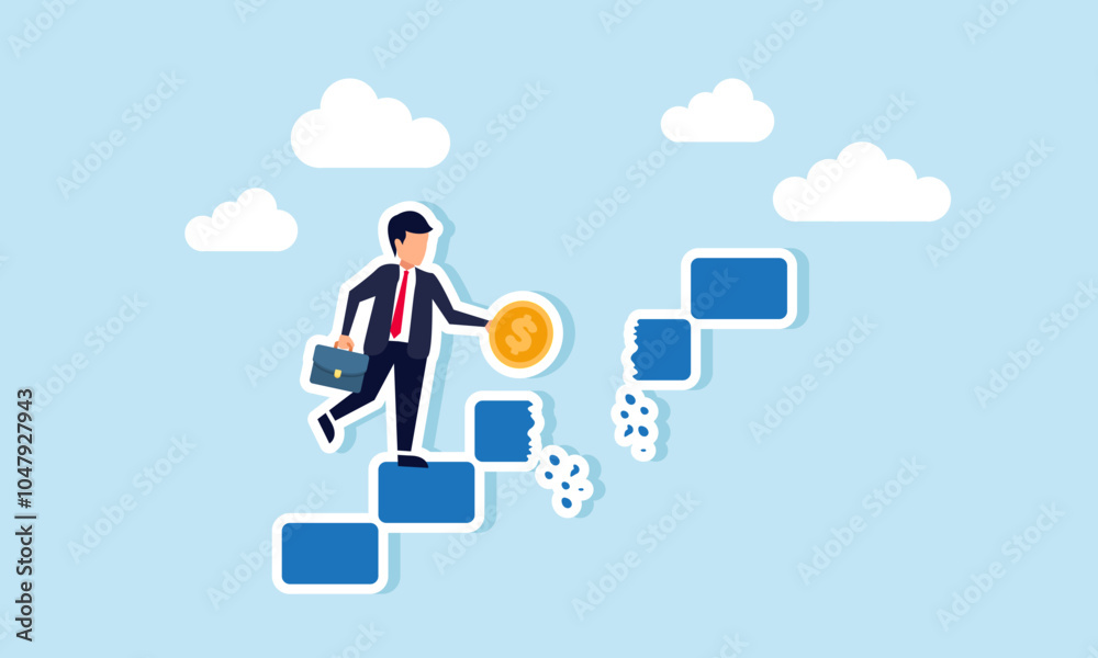 A businessman carrying a dollar coin climbing stairs discovers a broken step ahead, illustration of being aware of dangers threatening investment assets