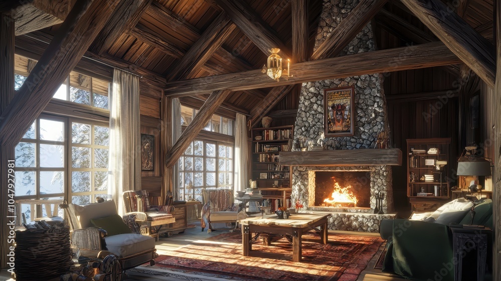 Cozy Rustic Cabin Interior with Wooden Beams Cozy Rustic Cabin Interior with Wooden Beams