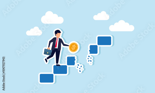 A businessman carrying a dollar coin climbing stairs discovers a broken step ahead, illustration of being aware of dangers threatening investment assets