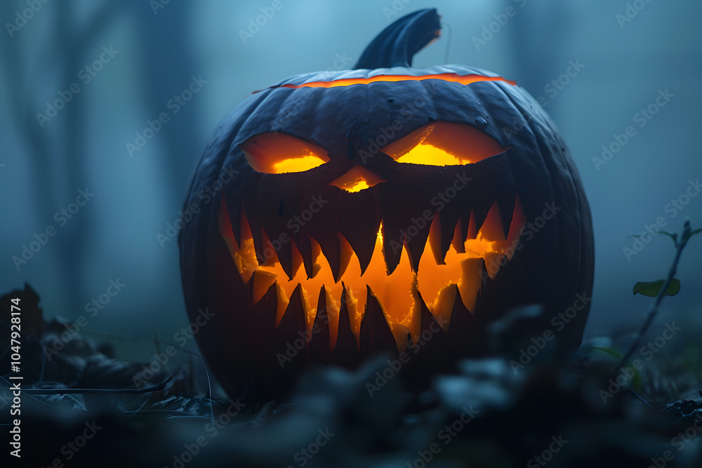 Fototapeta premium Jack-o'-lantern close-up with eerie glowing grin in a dark Halloween atmosphere