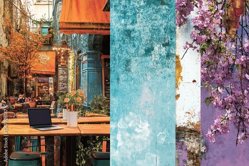 A collage of three different images a cafe with a laptop on a table, a blue sky with clouds, and a wall covered in purple flowers.