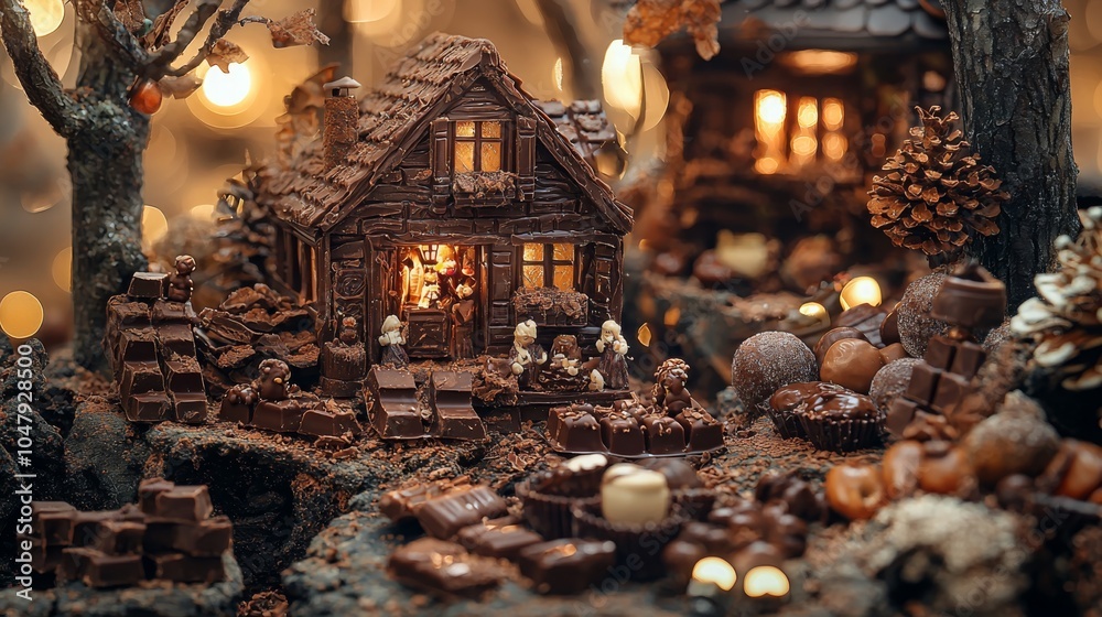 Fototapeta premium Charming Miniature Chocolate Scene with Figures and Lights