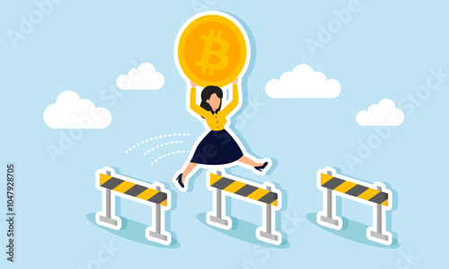 A businesswoman is jumping over a barrier while carrying a bitcoin, illustration of saving bitcoin assets from various problems and issues