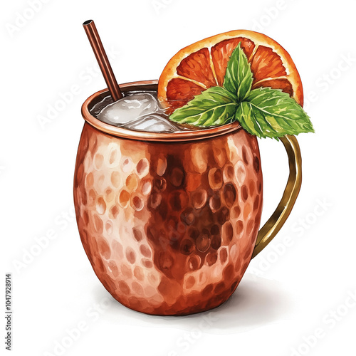 Illustrated Moscow Mule Cocktail, Copper Mug with Strawberries, Mint Leaves, and Ice
