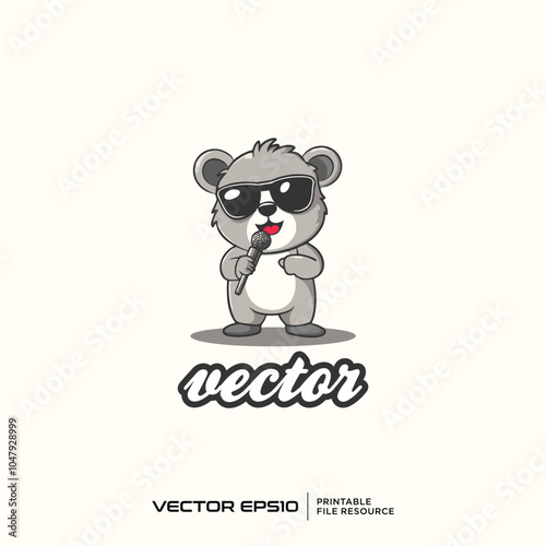 Cool Cartoon Bear Singing with Microphone in Monochrome on Light Background Art