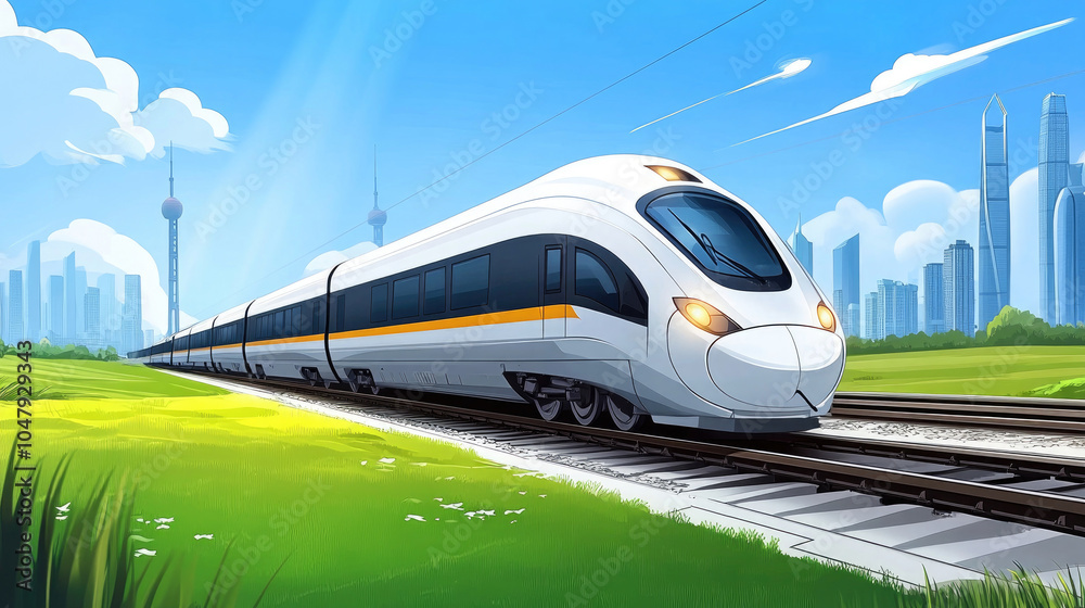 Naklejka premium High speed trains, distant city buildings