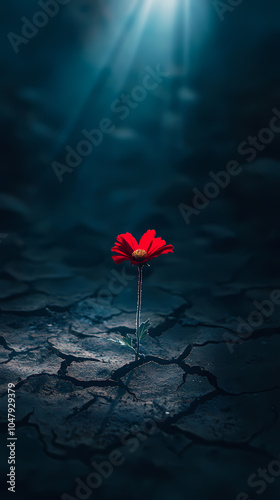 A resilient red flower thrives amidst cracked earth, symbolizing hope.
