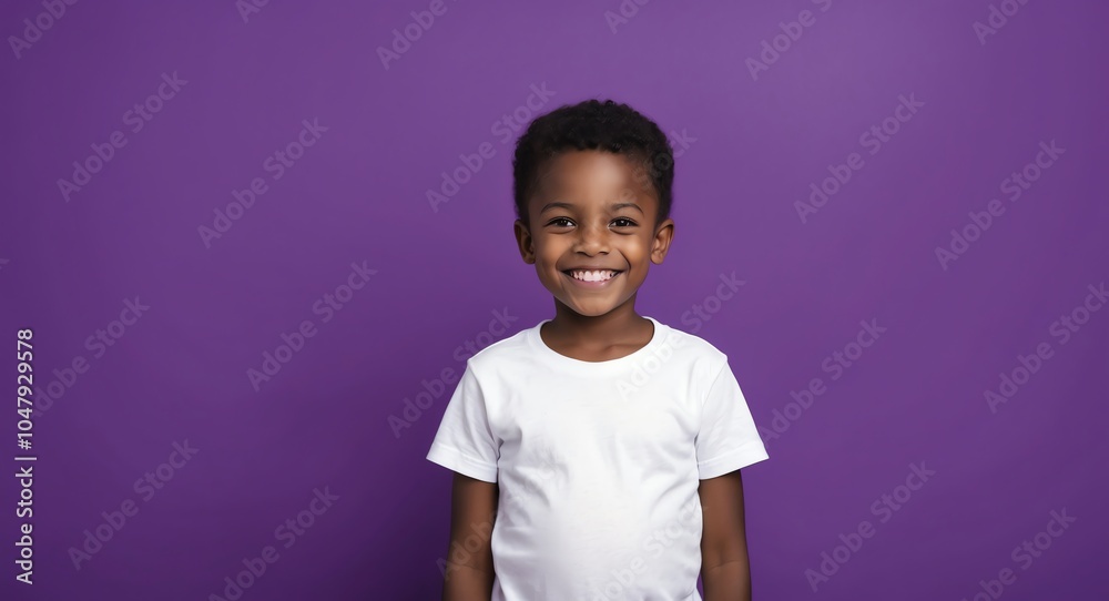 african kid boy purple background wearing plain white tshirt smiling happy portrait african kid boy purple background wearing plain white tshirt smiling happy portrait