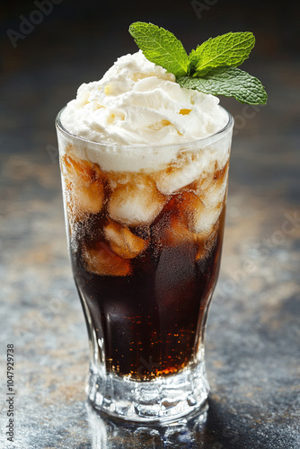 Refreshing iced cream soda topped with whipped cream and mint leaves, served in clear glass. Perfect for hot day, this drink is delightful treat that combines sweetness and coolness