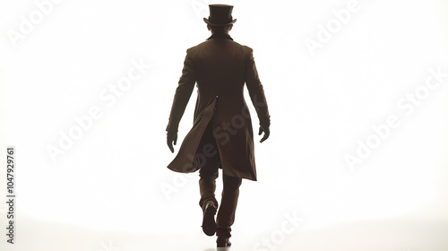 Mysterious Victorian man in overcoat and top hat walking away