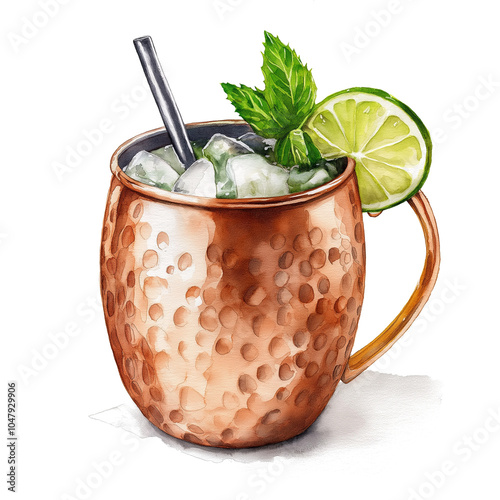 Illustrated Moscow Mule Cocktail, Copper Mug with Strawberries, Mint Leaves, and Ice
