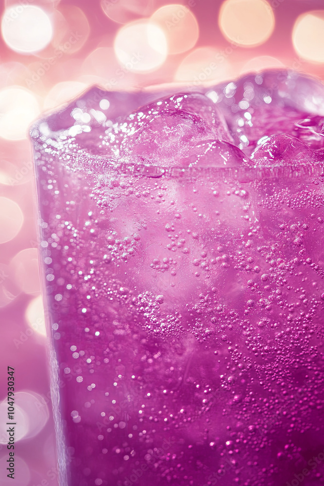 Sparkling iced soda with crushed ice in glass, featuring vibrant purple hues and bubbles, creates refreshing and inviting atmosphere Sparkling iced soda with crushed ice in glass, featuring vibrant purple hues and bubbles, creates refreshing and inviting atmosphere