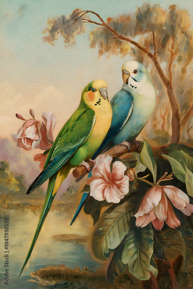 Fototapeta premium Parakeets on a branch, tropical background